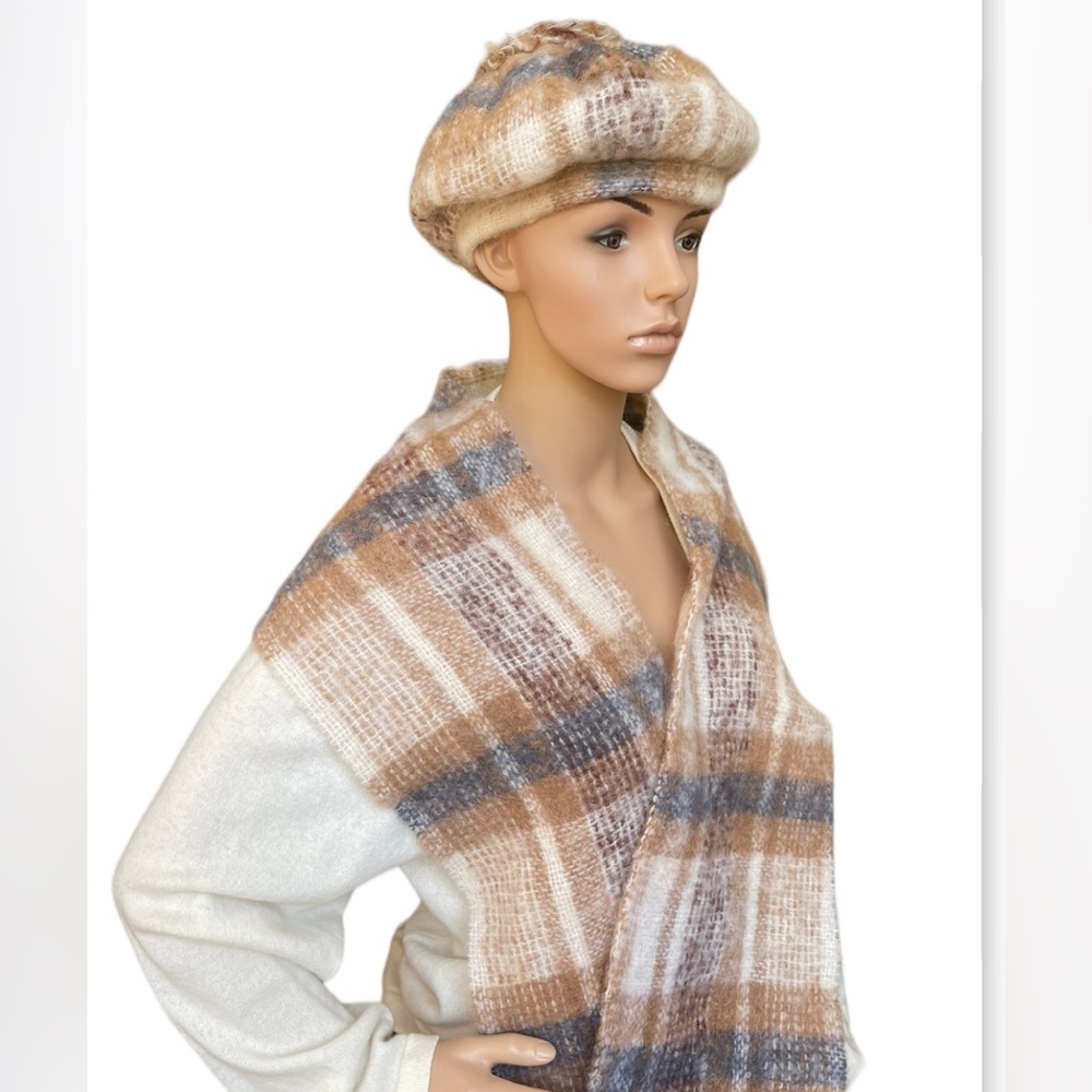 Mohair Wool Irish Donegal Design Hat and Scarf Set Cream Brown Blue Grey